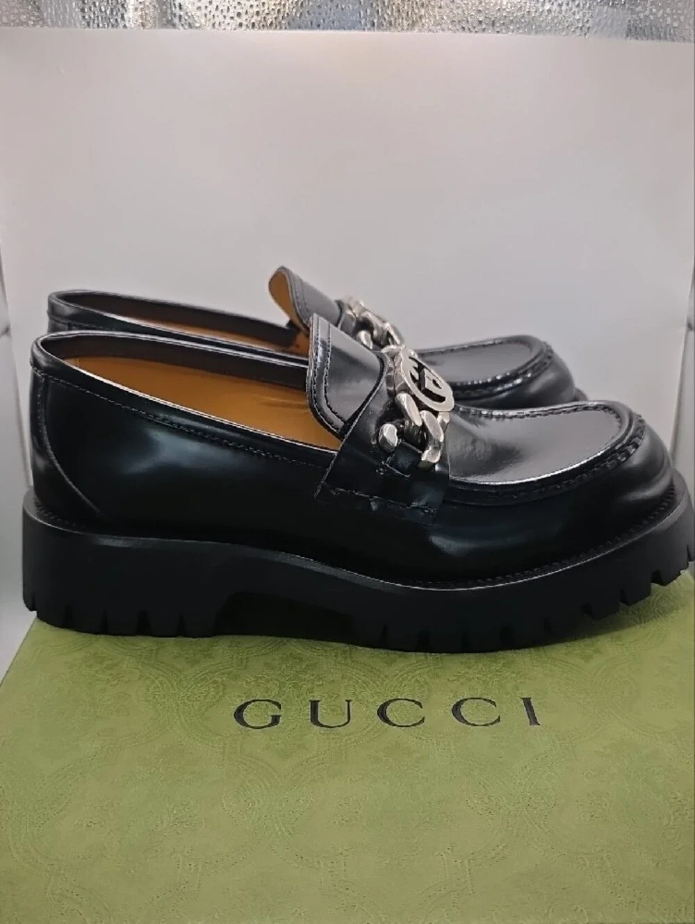 Gucci Black Patent Leather Platform Chain Loafers
